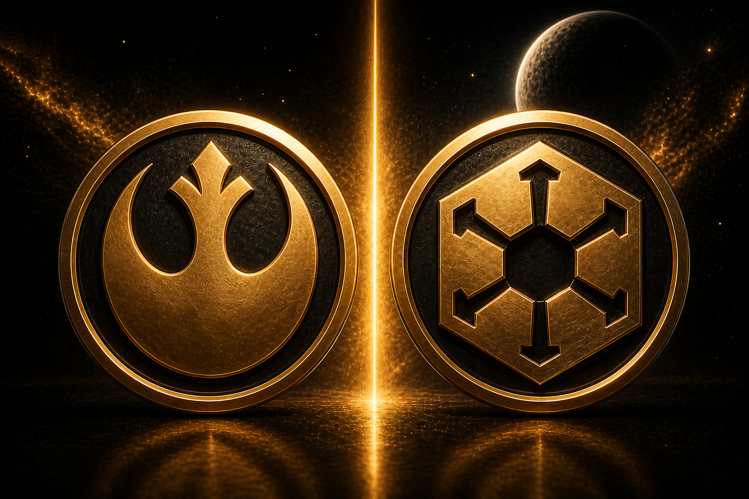 Gold Rebel and Empire emblems for Star Wars Unlimited